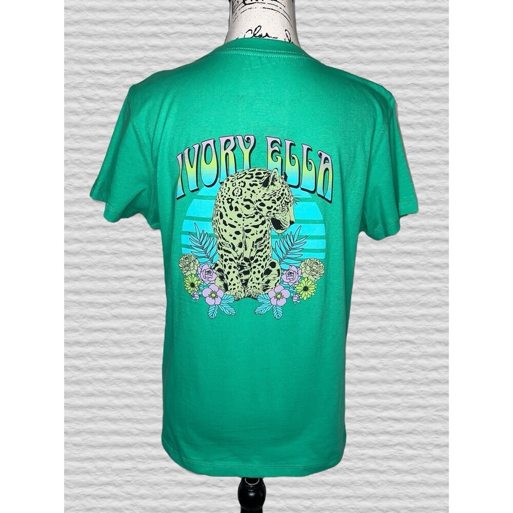 Ivory Ella Tiger Graphic Print T-Shirt LG Green Short Sleeve Crew Neck Eco Tee